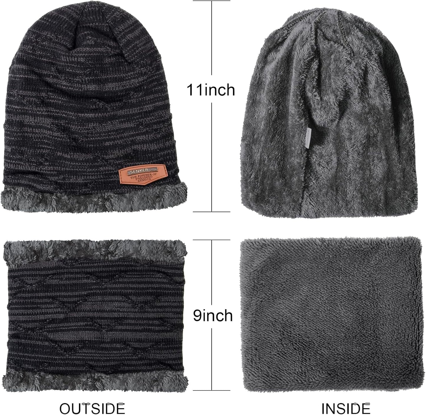 3 Pieces Winter Beanie Hat and Scarf Gloves Set for Men and Women, Slouchy Warm Fleece Lined Knit Caps & Neck Warmer Touchscreen Gloves, Black