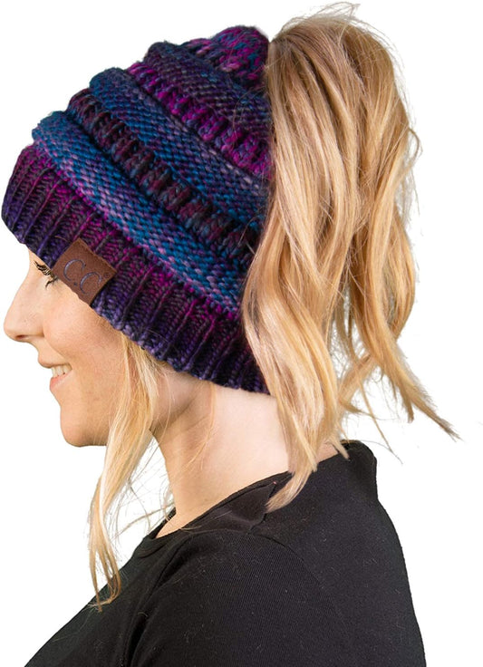 Women'S Beanie Ponytail Messy Bun Beanietail Solid Ribbed Hat Cap