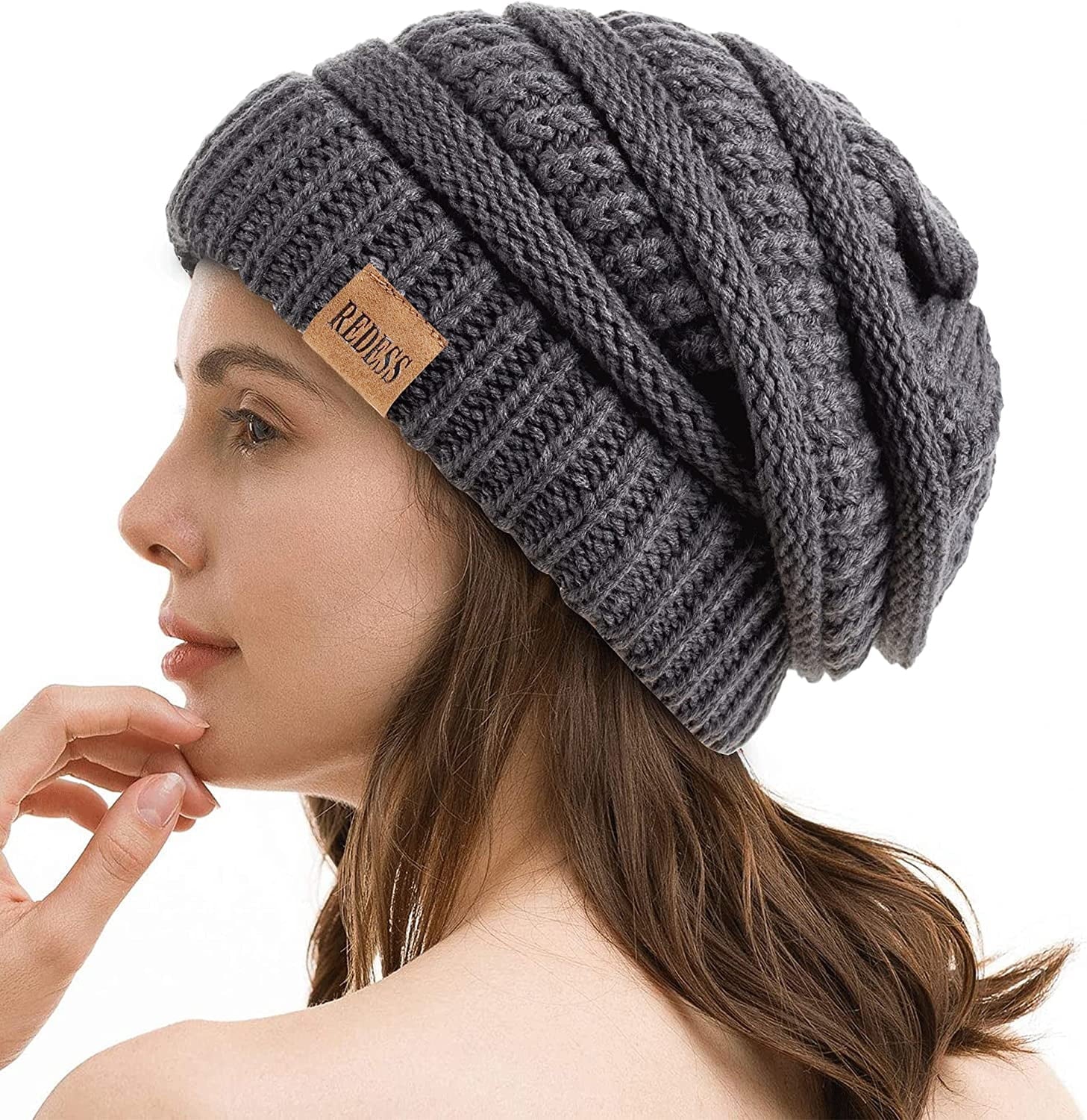 Slouchy Dark Grey Beanie Hat for Women Winter Warm Knit Cap