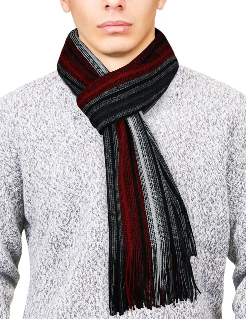 Mens Winter Scarf - Synthetic Wool, Extra Long & Warm, Striped Knit