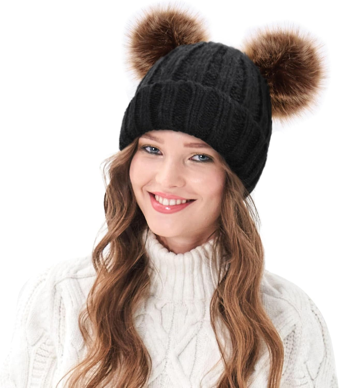 Cable Knit Beanie With Faux Fur Pompom Ears