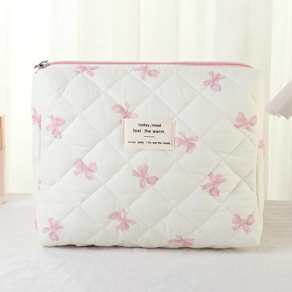 3 PCS Quilted Makeup Bag, Cute Floral Cotton Cosmetic Bag Set, Coquette Makeup Pouch Large Travel Toiletry Bag