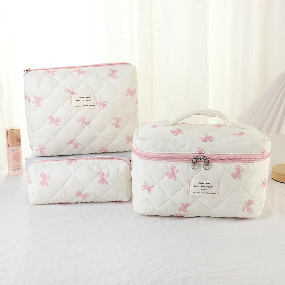 3 PCS Quilted Makeup Bag, Cute Floral Cotton Cosmetic Bag Set, Coquette Makeup Pouch Large Travel Toiletry Bag