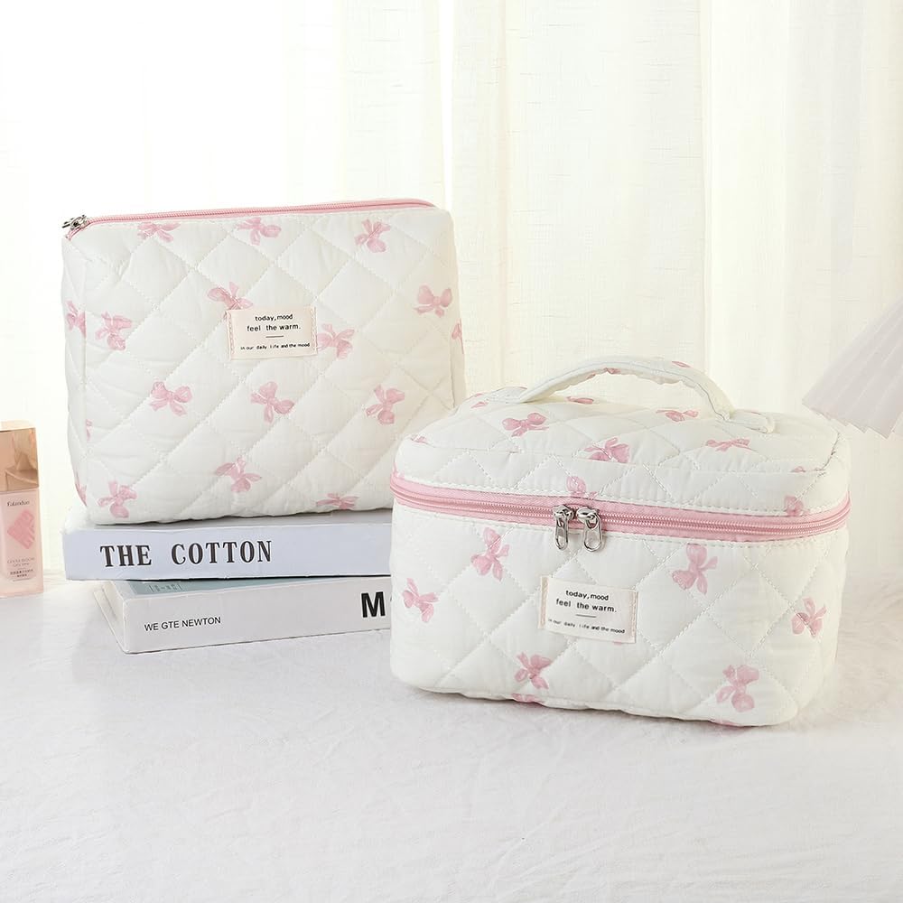 3 PCS Quilted Makeup Bag, Cute Floral Cotton Cosmetic Bag Set, Coquette Makeup Pouch Large Travel Toiletry Bag