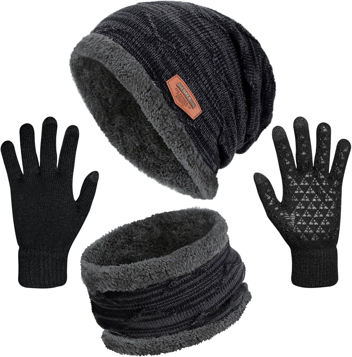 3 Pieces Winter Beanie Hat and Scarf Gloves Set for Men and Women, Slouchy Warm Fleece Lined Knit Caps & Neck Warmer Touchscreen Gloves, Black