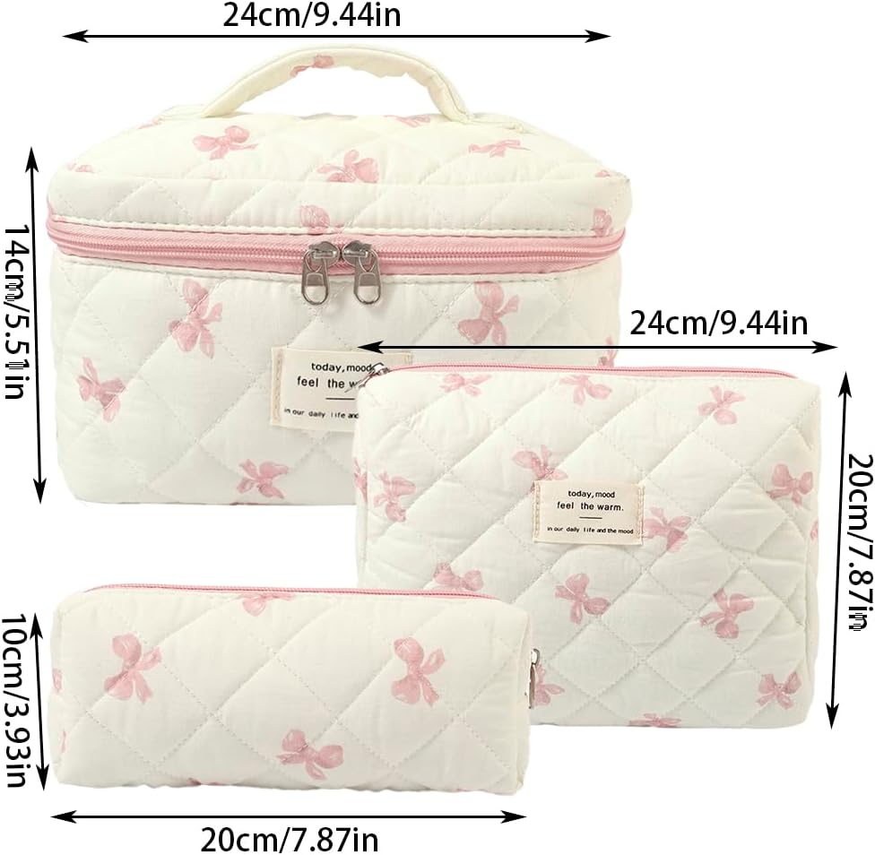 3 PCS Quilted Makeup Bag, Cute Floral Cotton Cosmetic Bag Set, Coquette Makeup Pouch Large Travel Toiletry Bag