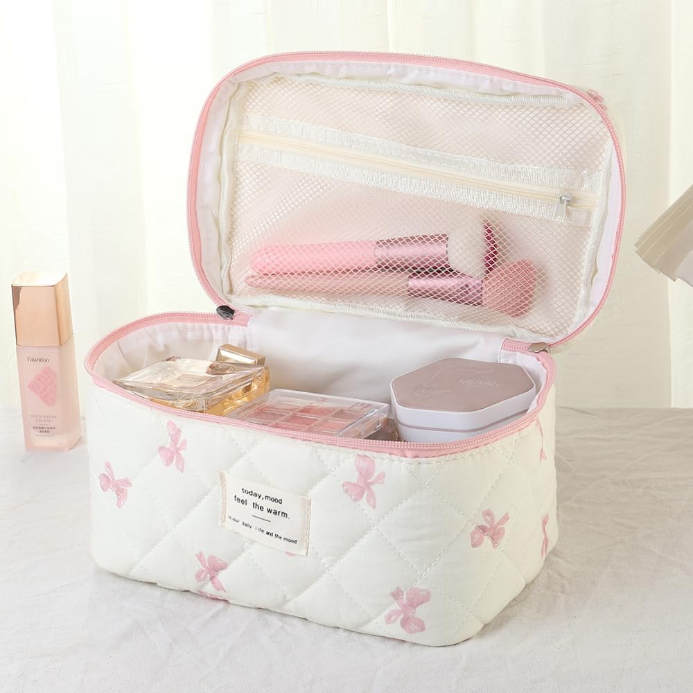 3 PCS Quilted Makeup Bag, Cute Floral Cotton Cosmetic Bag Set, Coquette Makeup Pouch Large Travel Toiletry Bag