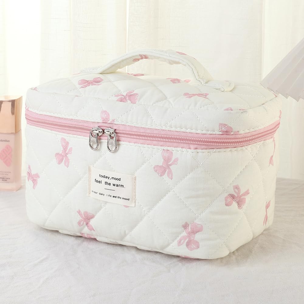 3 PCS Quilted Makeup Bag, Cute Floral Cotton Cosmetic Bag Set, Coquette Makeup Pouch Large Travel Toiletry Bag