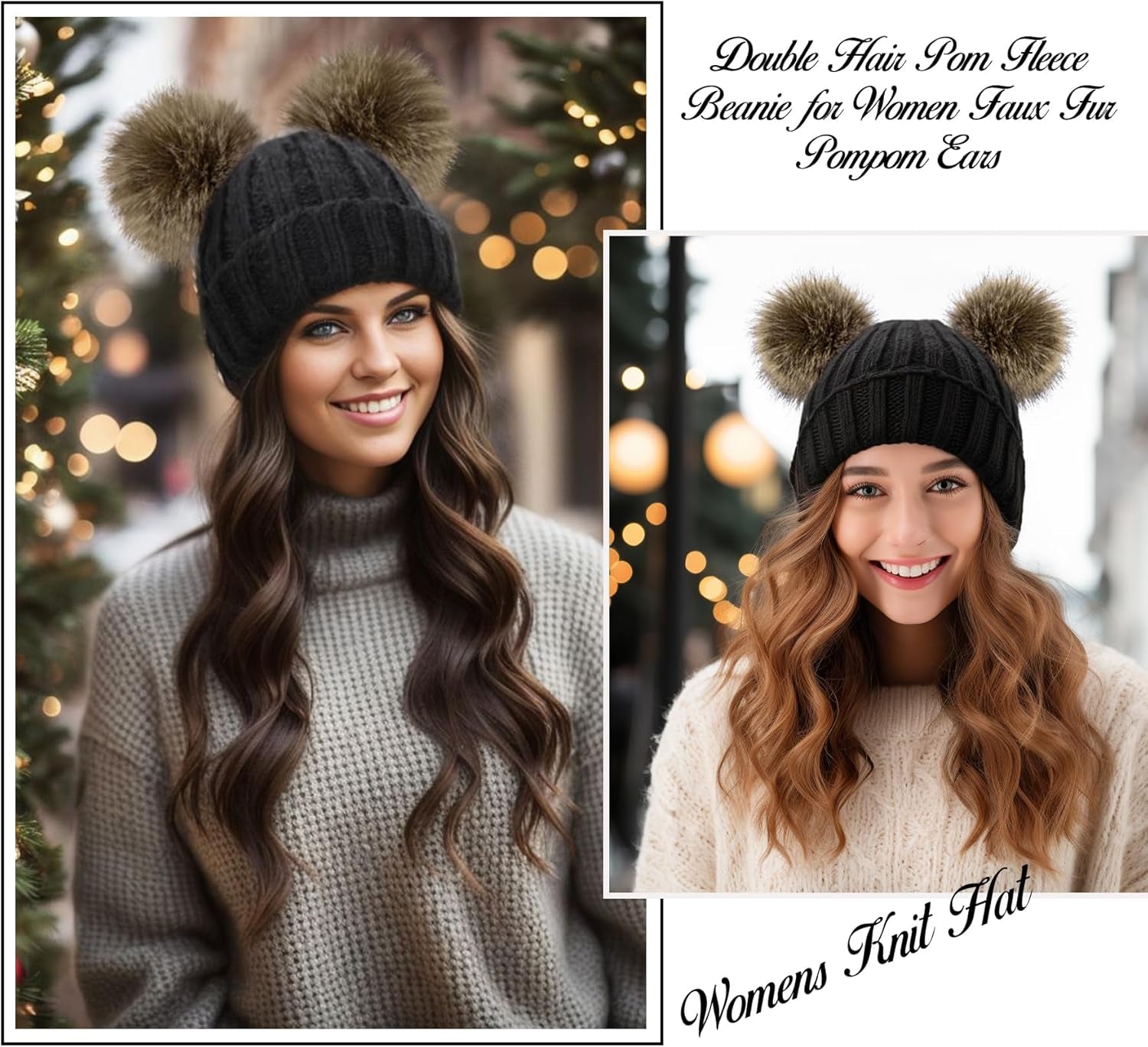 Cable Knit Beanie With Faux Fur Pompom Ears