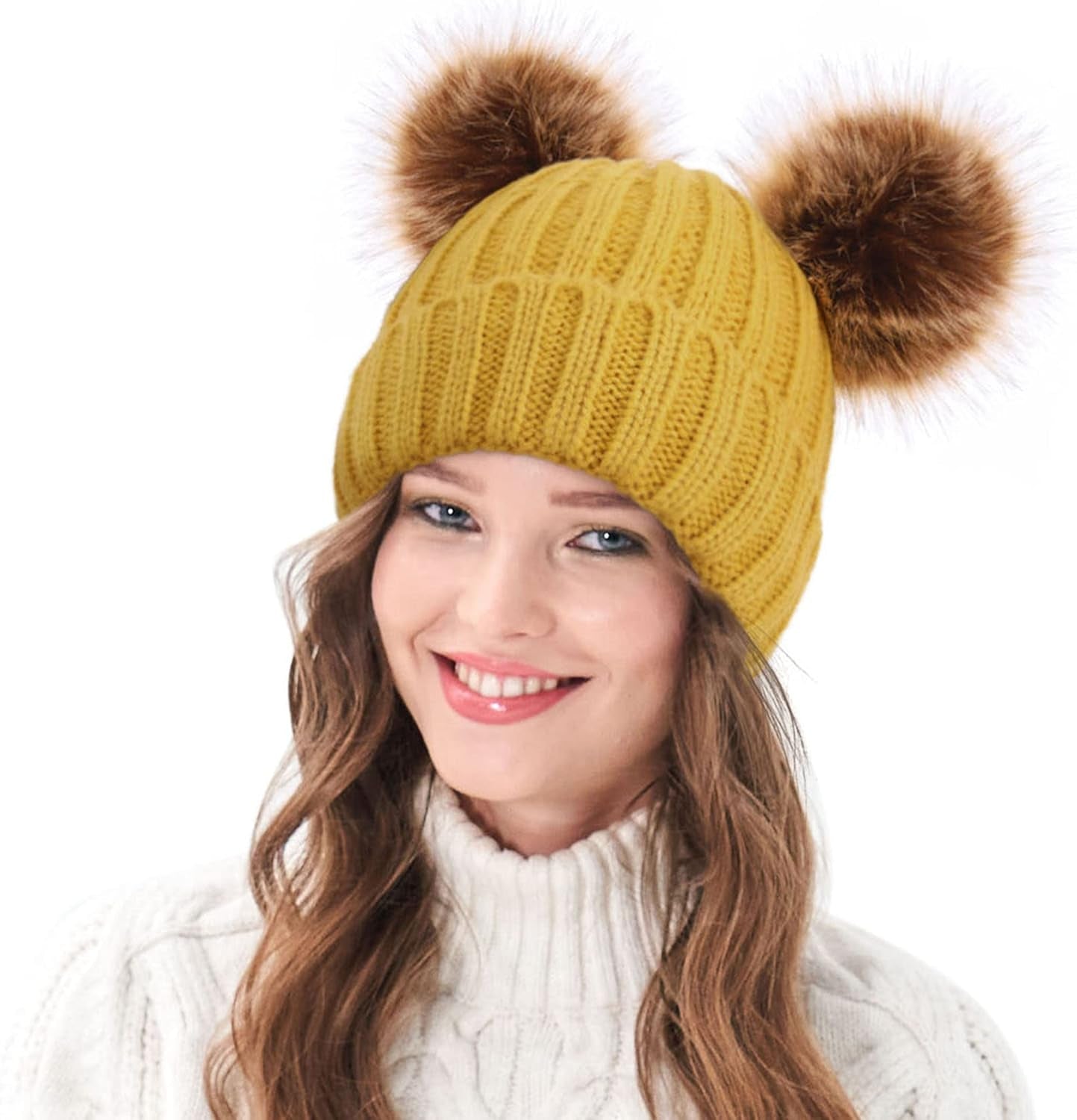 Womens Winter Hat Cable Knit Beanie for Women Faux Fur Pompom Ears