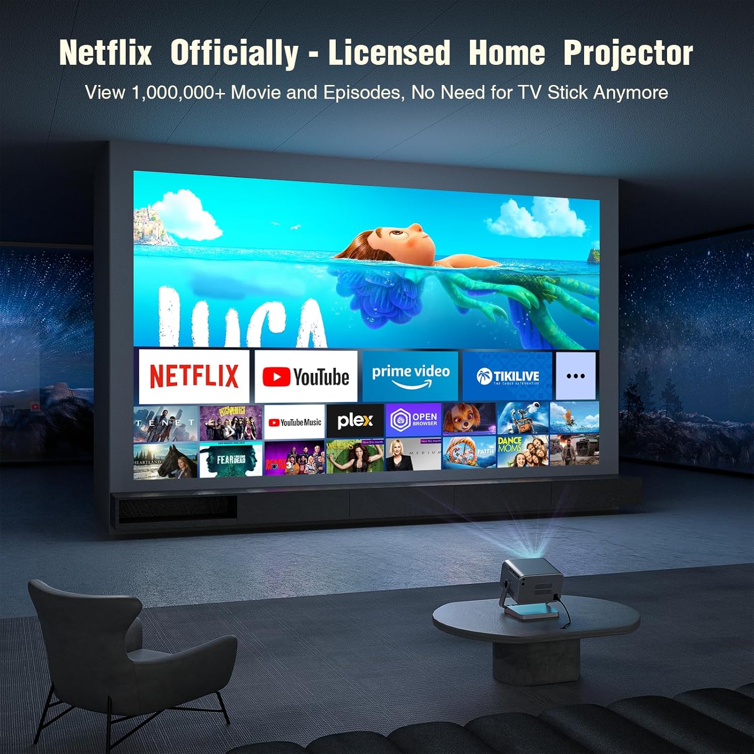 [Netflix Officially & AI Auto Focus]  4K Projector with Wifi and Bluetooth, 3D Doiby Audio & Auto Keystone Video Projector, 600 ANSI Outdoor Movie Projector, 50% Zoom, MAX 300''Display(Grey)