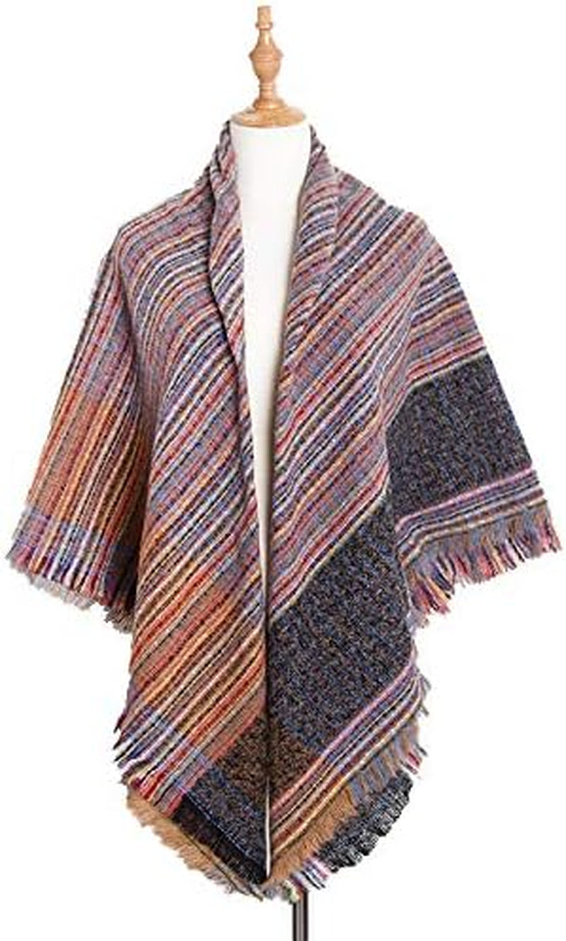 Womens Warm Scarf Square Shawls Infinity Scarves Stripe Plaid Rough Surface