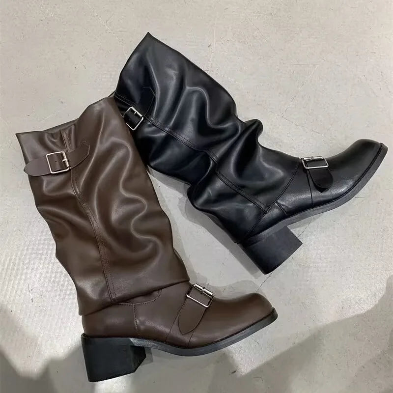 Woman Boots Knee High Platform Chunky Heels Trend Punk Gothic New Rock Leather Fashion Women'S Shoes Motorcycle Footwear Q221