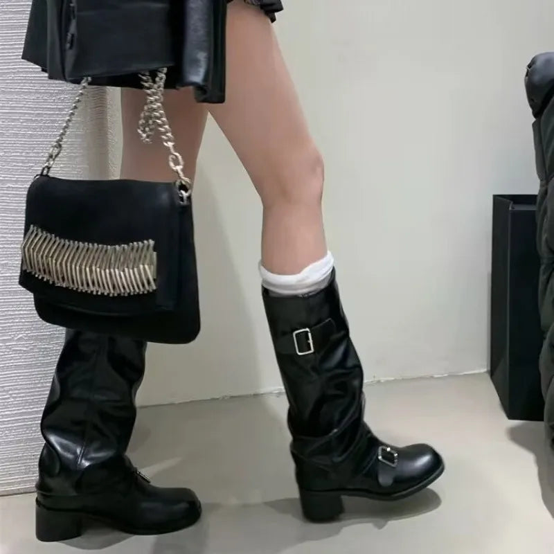 Woman Boots Knee High Platform Chunky Heels Trend Punk Gothic New Rock Leather Fashion Women'S Shoes Motorcycle Footwear Q221