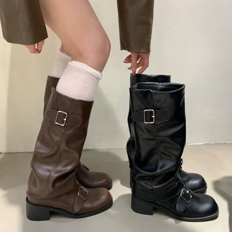 Woman Boots Knee High Platform Chunky Heels Trend Punk Gothic New Rock Leather Fashion Women'S Shoes Motorcycle Footwear Q221