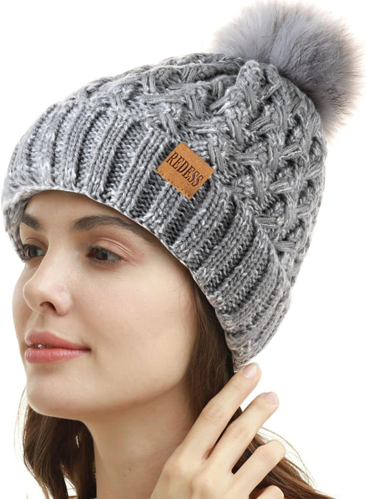 Pompom Beanie Hat Fleece Lined 