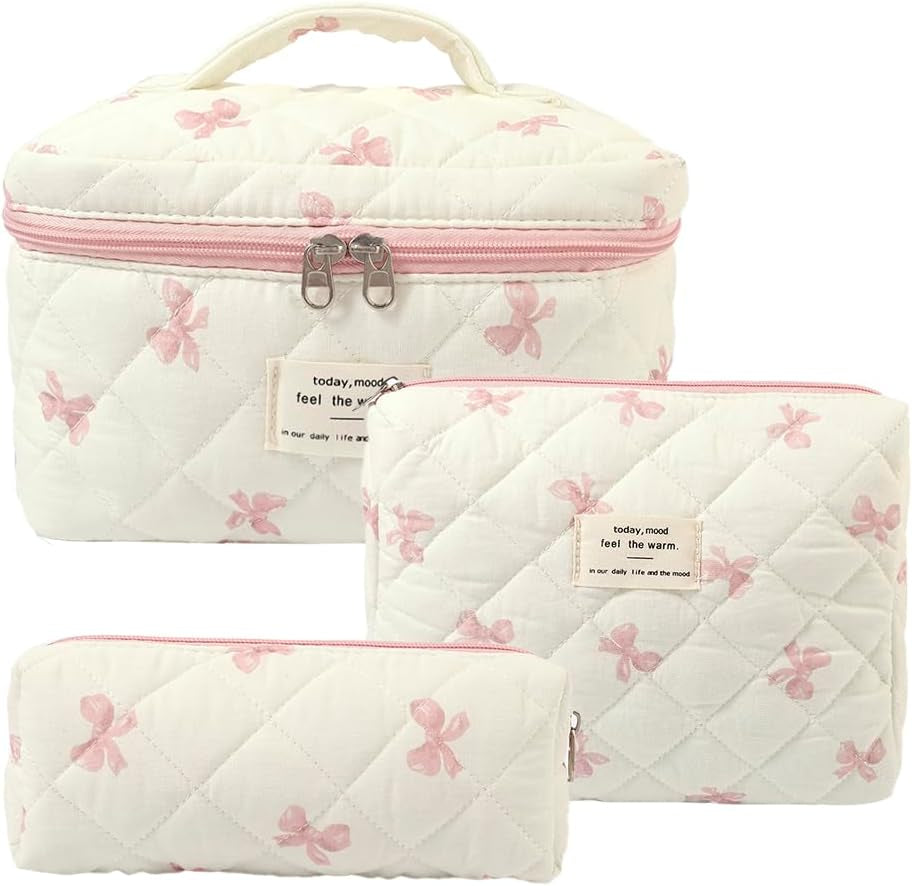 3 PCS Quilted Makeup Bag, Cute Floral Cotton Cosmetic Bag Set, Coquette Makeup Pouch Large Travel Toiletry Bag